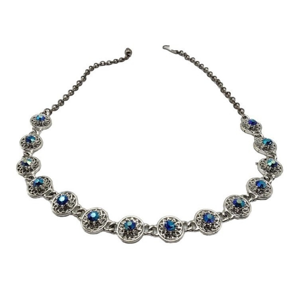 Vintage Dark Blue Aurora Borealis Rhinestone Silver Tone Filagree Necklace 17.5" - Picture 3 of 15